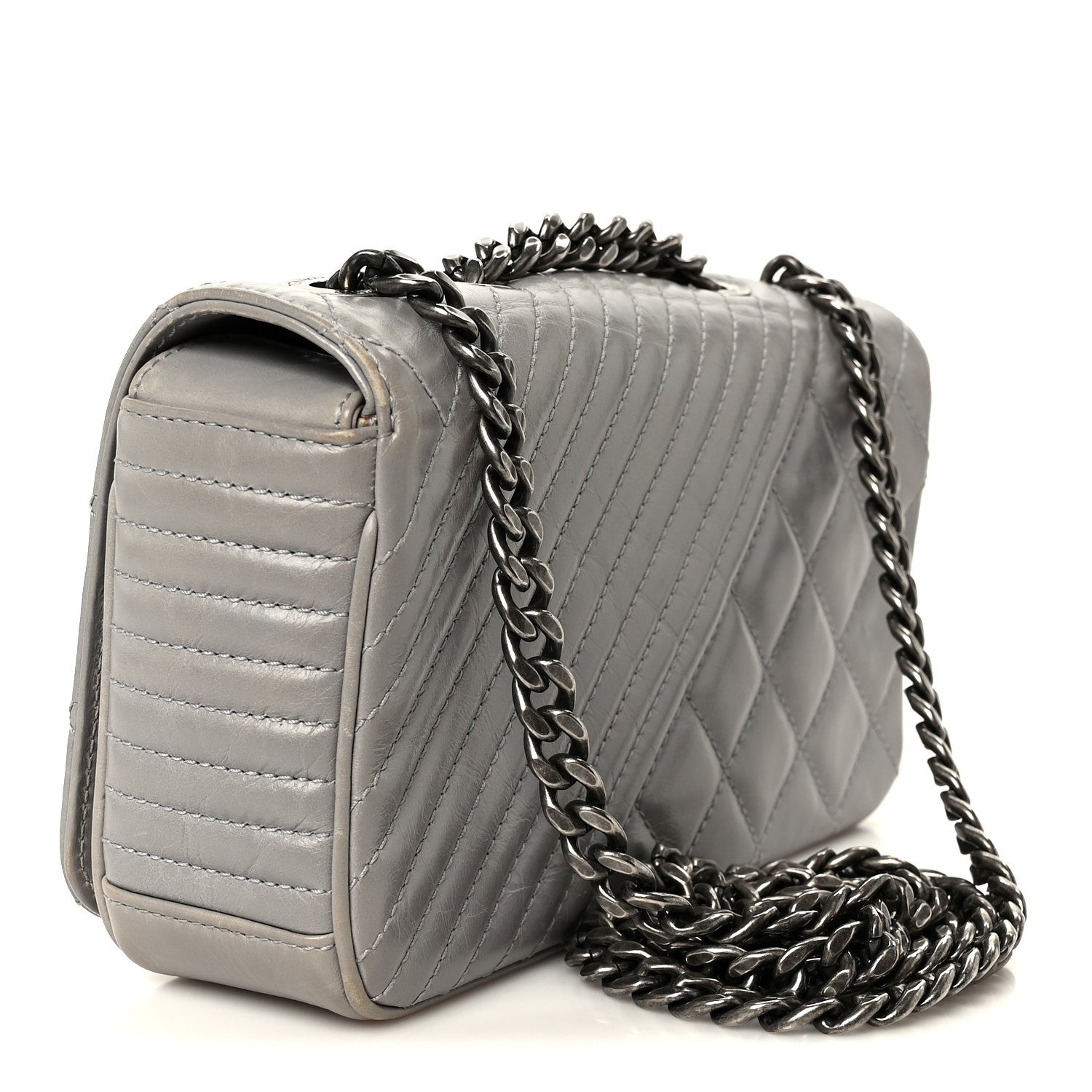 Glazed Calfskin Quilted Small Coco Boy Flap Grey