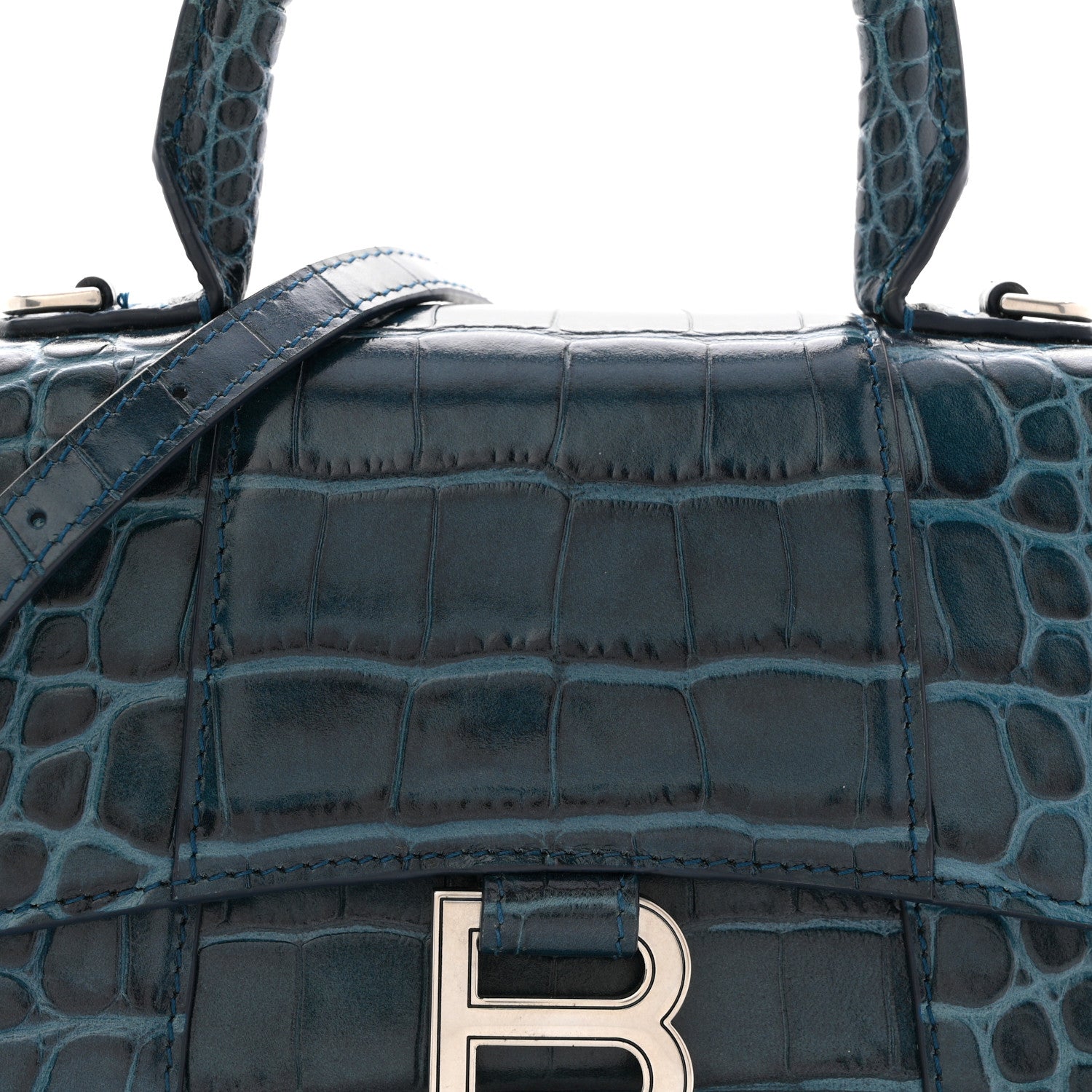 Shiny Calfskin Crocodile Embossed Hourglass Top Handle Bag XS Denim Blue