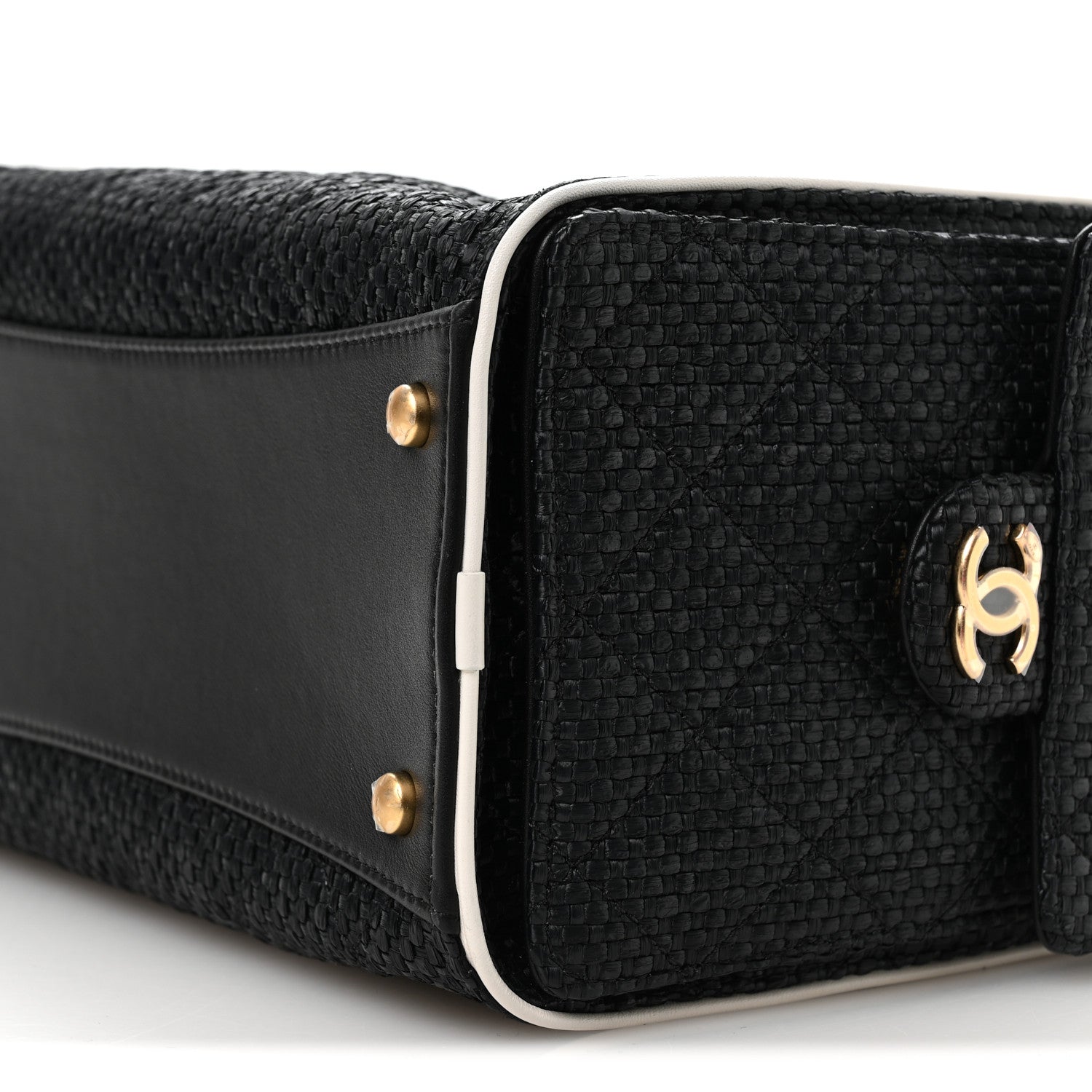 Braided Raffia Calfskin Small CHNL 25 Handbag Black White