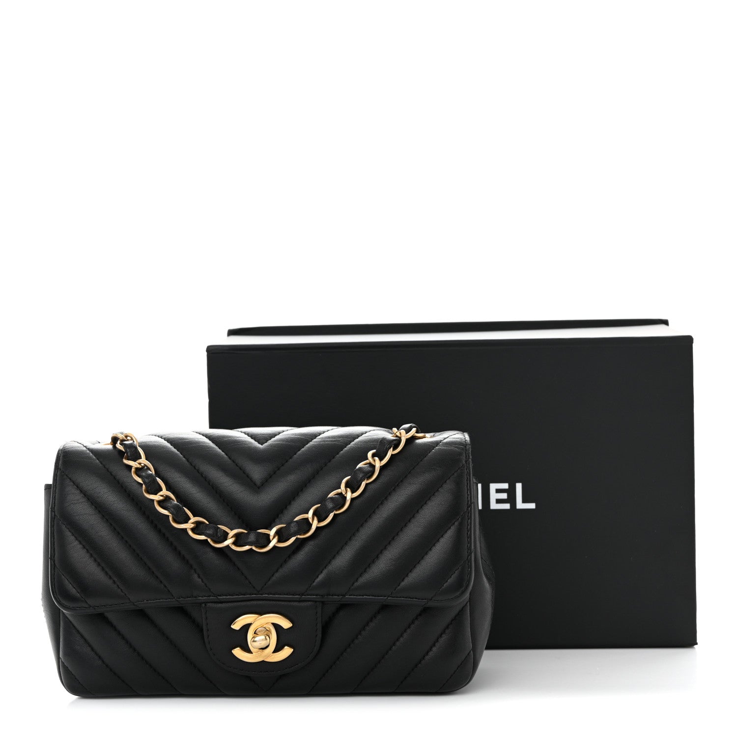 Lambskin Chevron Quilted Mini Rectangular Flap Black