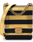 Metallic Lambskin Striped North South Boy Flap Navy Gold