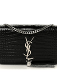 Calfskin Crocodile Embossed Small Classic Monogram Kate Tassel Satchel Black