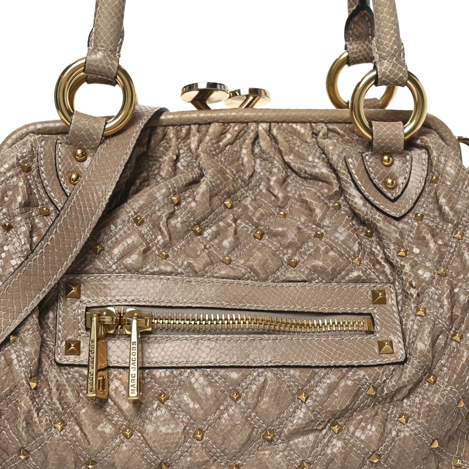 Snakeskin Embossed Calfskin Quilted Studded Beige