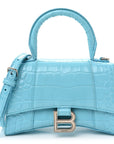 Shiny Calfskin Crocodile Embossed Hourglass Top Handle Bag XS Azur