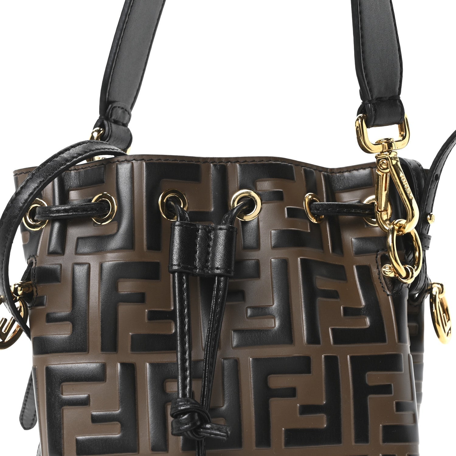 Vitello Liberty F is FNDI Bi-Color FF 1974 Embossed Mini Mon Tresor Bucket Bag Maya Black