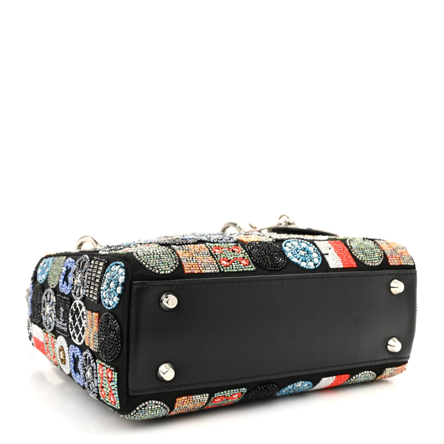 Satin Lambskin Embroidered Beaded Mini Lady D1OR Black Multicolor