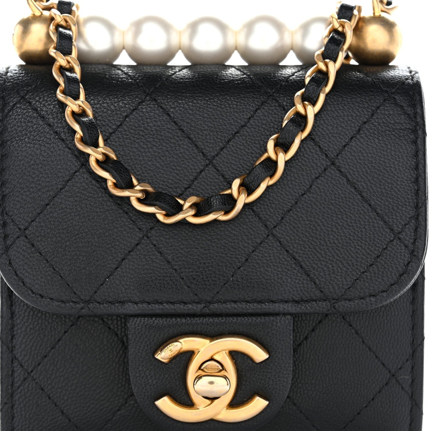 Lambskin Quilted Chic Pearls Flap Black
