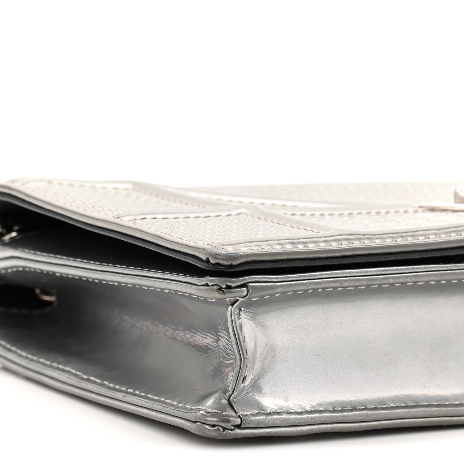 Metallic Patent Micro-Cannage D1ORama Wallet on Chain Pouch Silver
