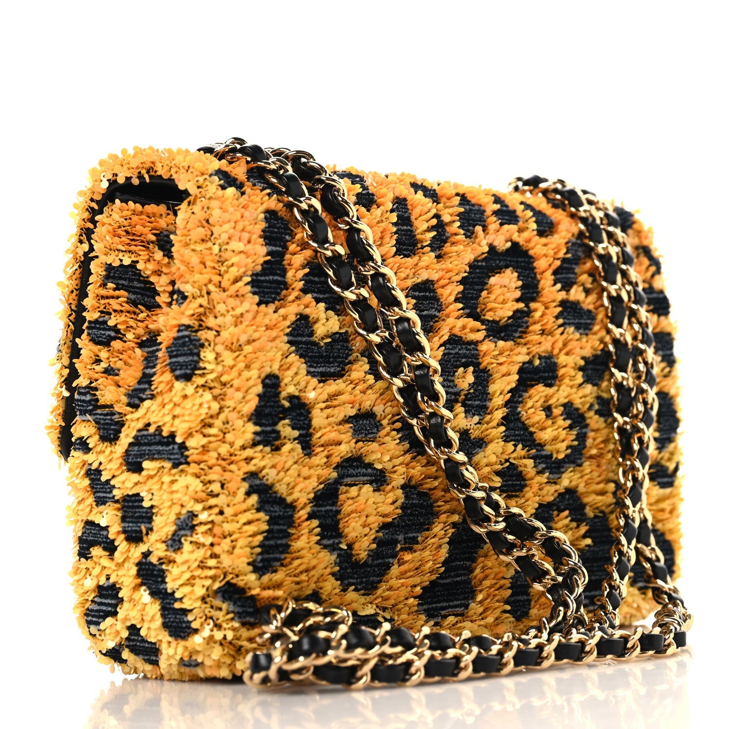 Sequin Mixed Fibers Leopard Print Mini Rectangular Flap Black Orange
