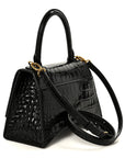 Shiny Calfskin Crocodile Embossed Small Hourglass Top Handle Bag Black