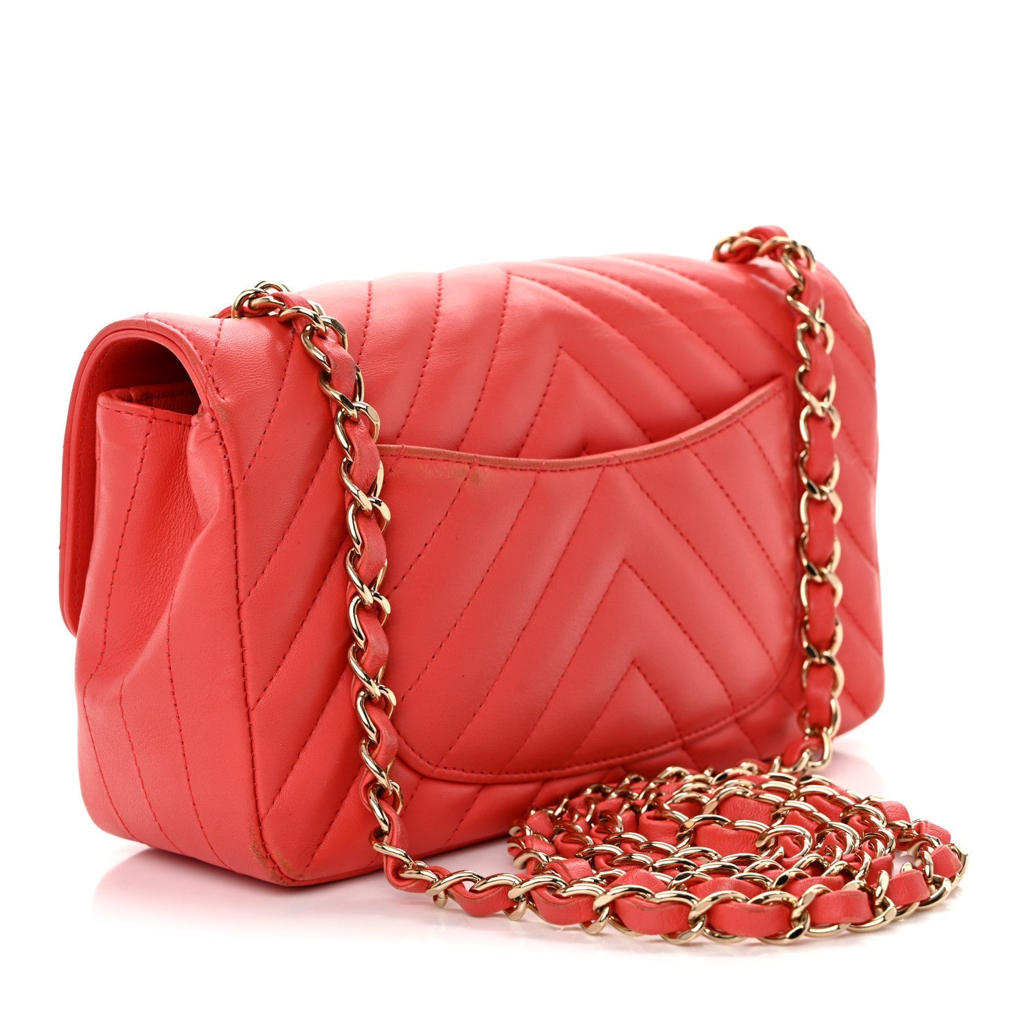 Lambskin Chevron Quilted Mini Rectangular Flap Coral