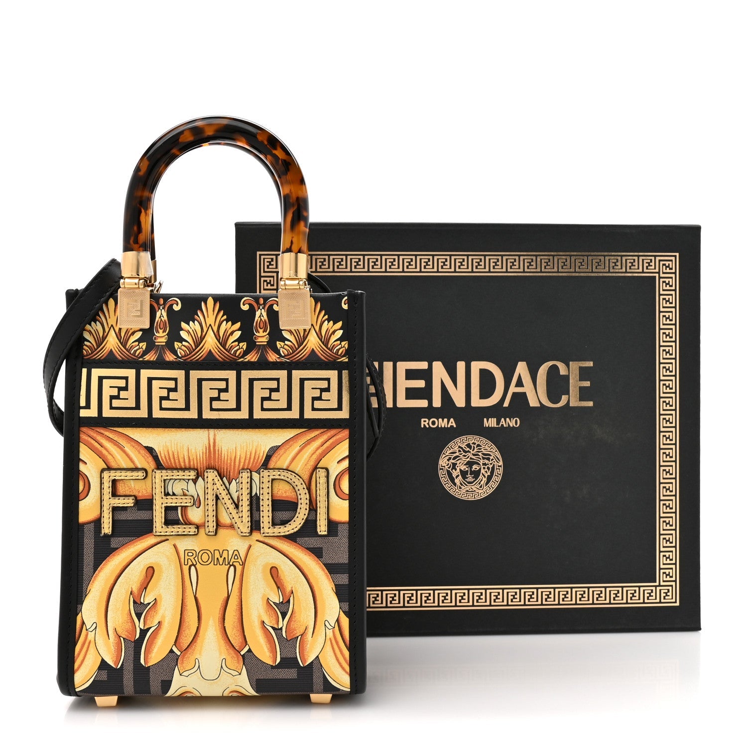 X VERSACE Vitello King Catalan Mirror Plexiglass Fendace FF Baroque Logo Mini FNDI Sunshine Shopper Tote Black Gold