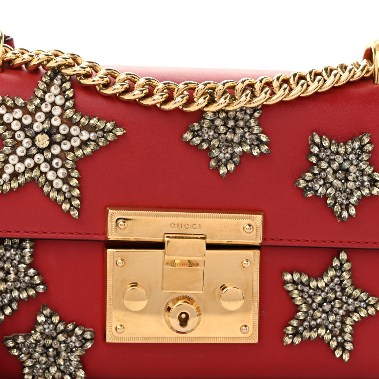 Calfskin Crystal Star Embroidered Small Padlock Shoulder Bag Hibiscus Red