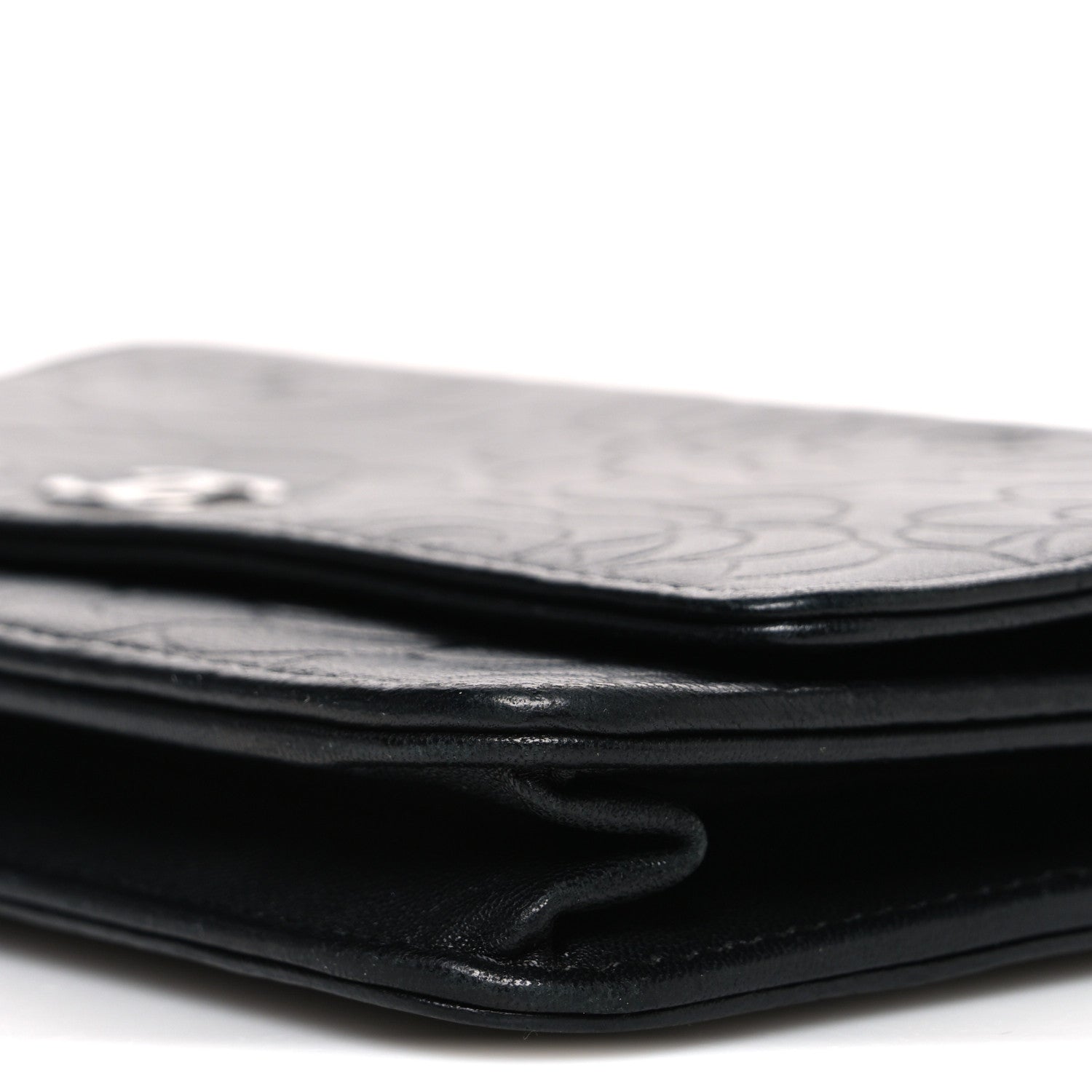 Lambskin Camellia Embossed Wallet on Chain WOC Black