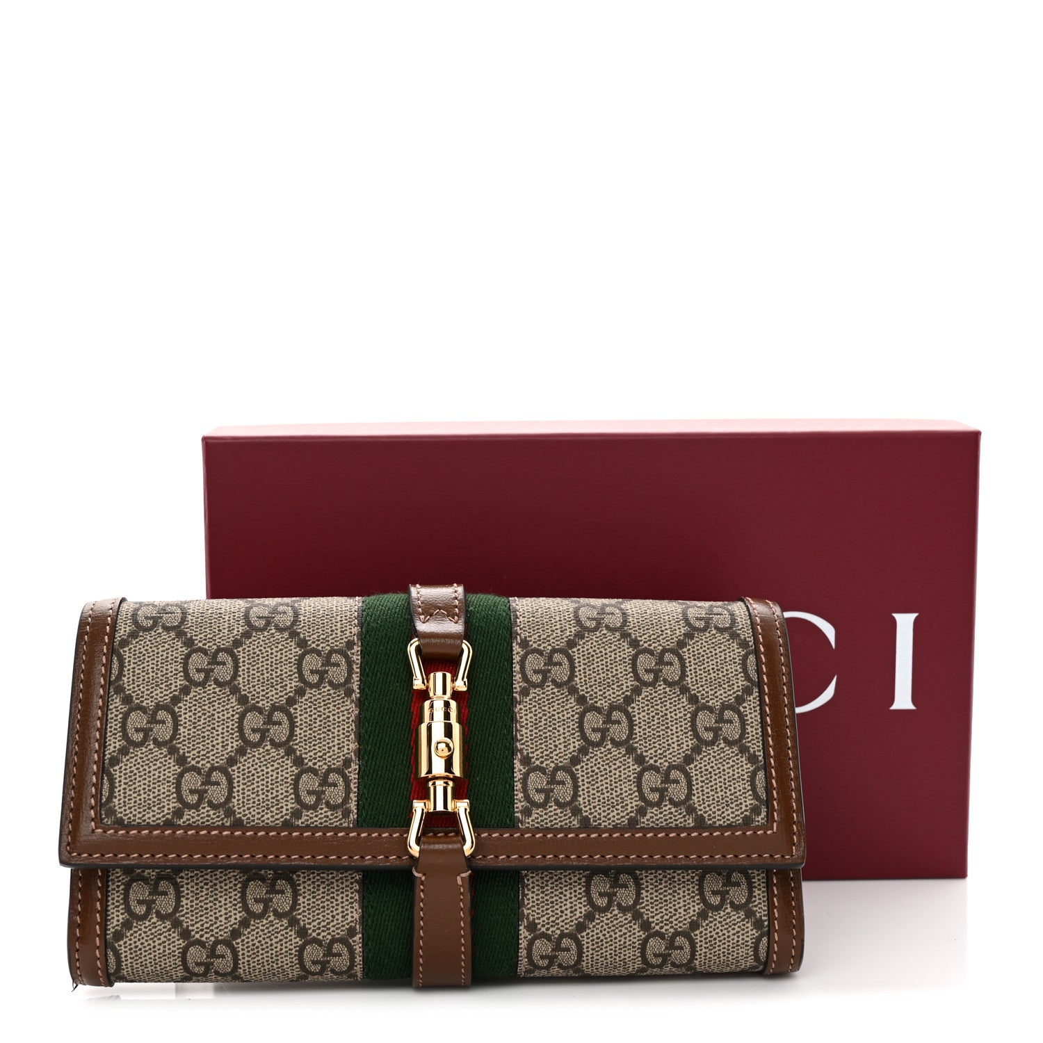 GG Supreme Monogram Azalea Calfskin Web Jackie 1961 Chain Wallet Beige Ebony Brown Sugar