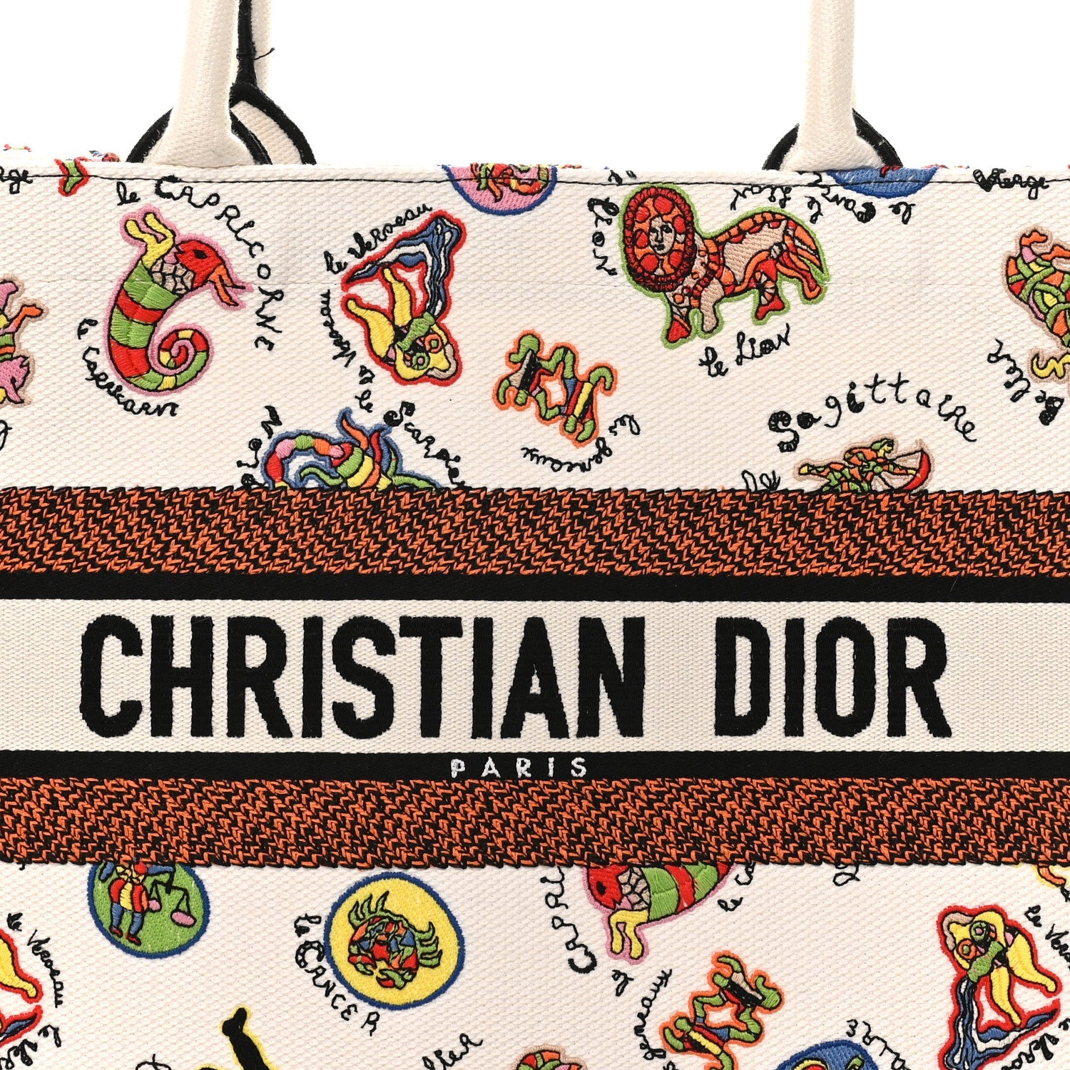 Canvas Embroidered Dragon Zodiac Medium Book Tote White Multicolor