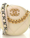 Iridescent Calfskin Quilted CHNL 19 Round Clutch With Chain White