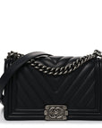 Calfskin Chevron Quilted Medium Boy Flap Black