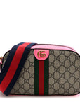 GG Supreme Monogram Textured Dollar Calfskin Web Ophidia Small Crossbody Bag Beige Ebony Fuchsia