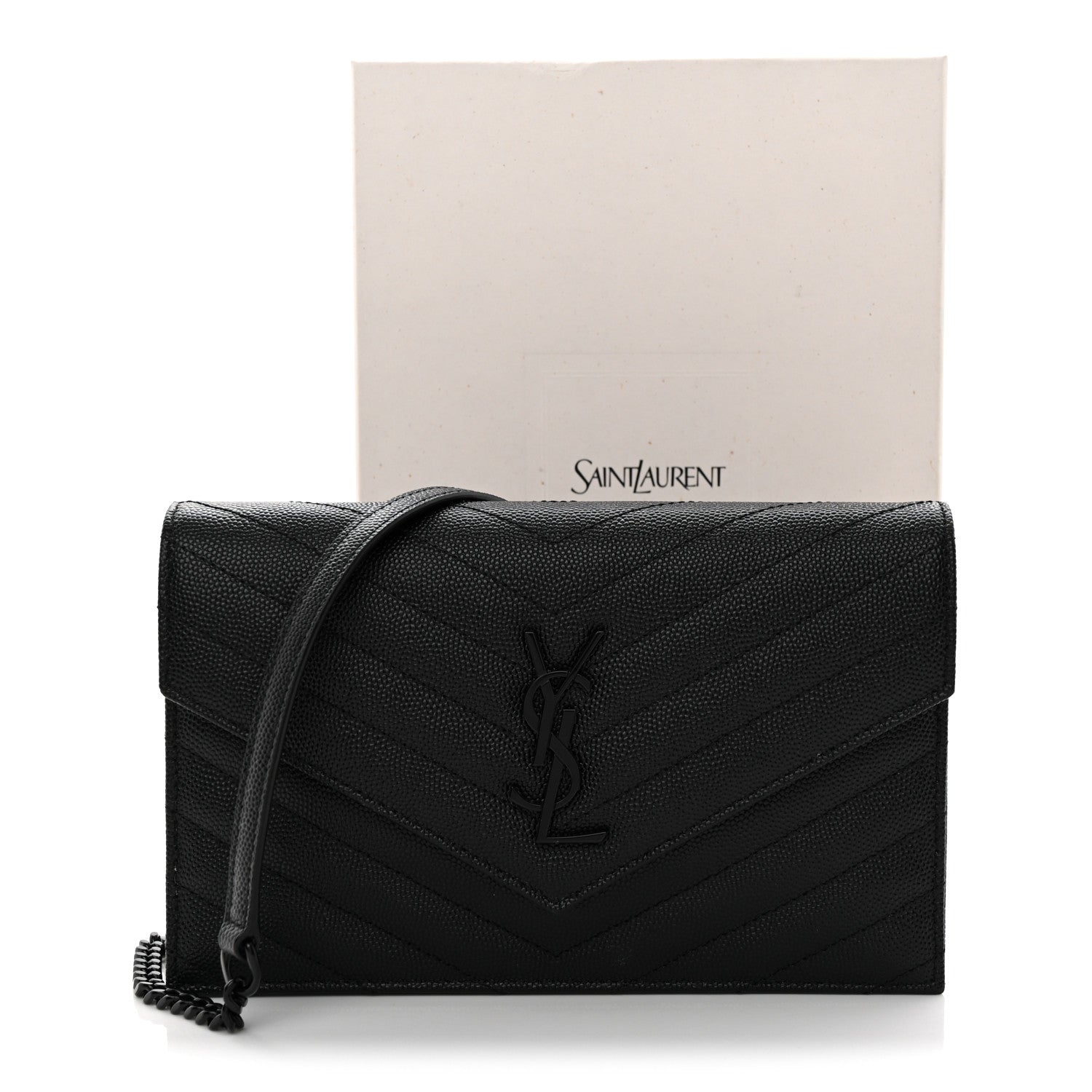Grain De Poudre Matelasse Chevron Monogram Monochrome Envelope Chain Wallet Black