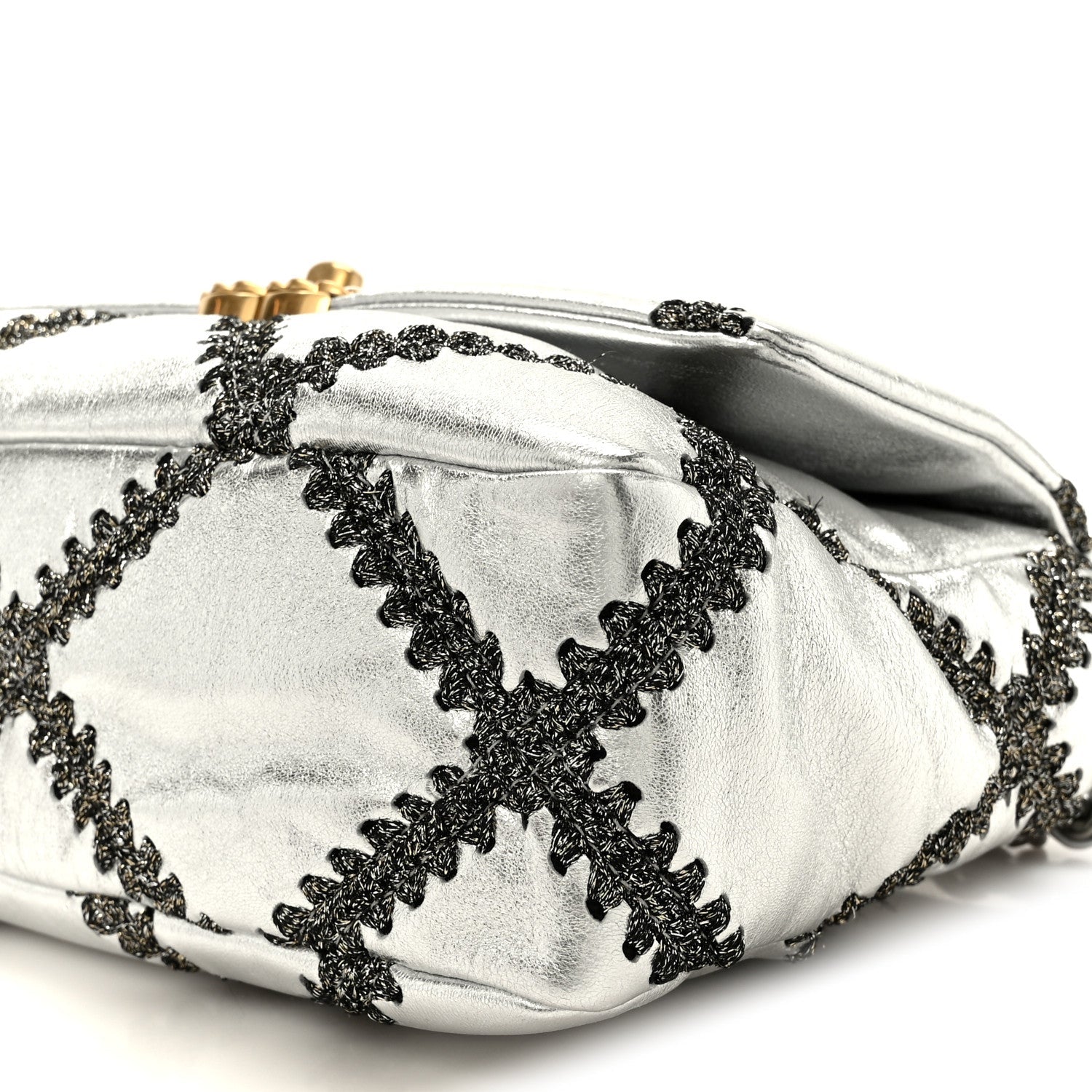 Metallic Calfskin Crochet Medium CHNL 19 Flap Silver