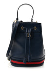 Glazed Textured Calfskin Web Small Ophidia Bucket Bag Blue Agata