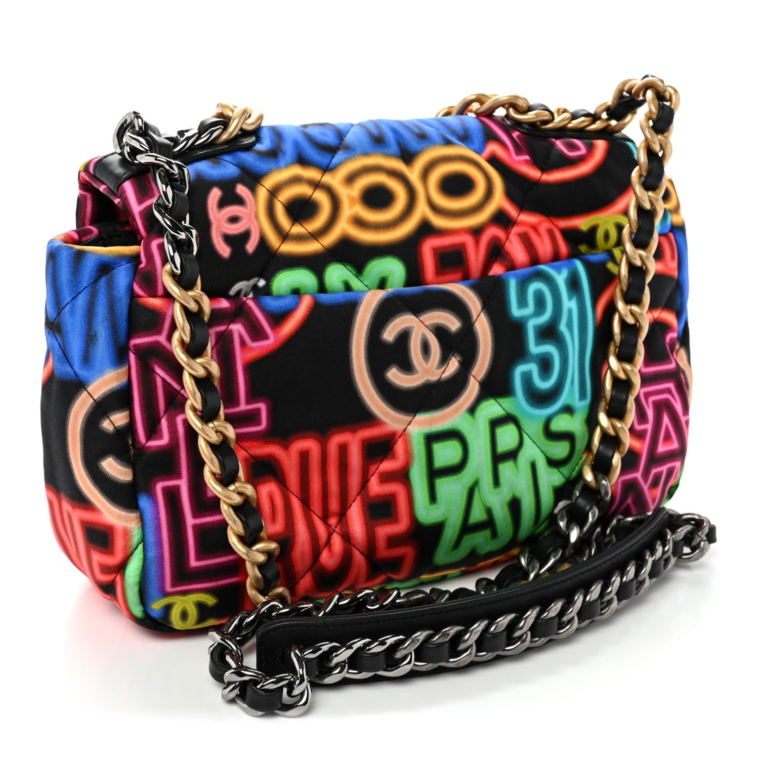 Fabric Quilted Neon Graffiti Medium CHNL 19 Flap Black Multicolor