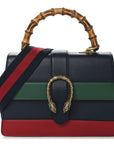 Moon Calfskin Bamboo Web Medium Dionysus Top Handle Bag Blue Emerald Hibiscus Red
