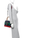 Moon Calfskin Web Medium Dionysus Bamboo Top Handle Bag Black Bright Evergreen Hibiscus Red