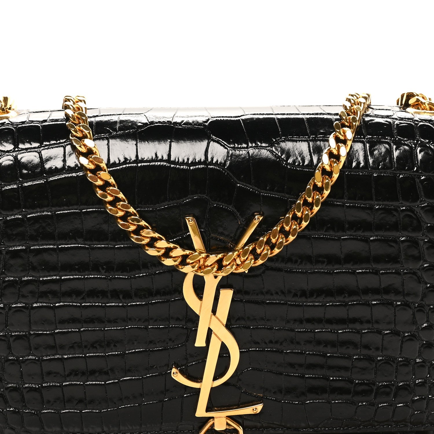 Calfskin Crocodile Embossed Small Classic Monogram Kate Tassel Satchel Black