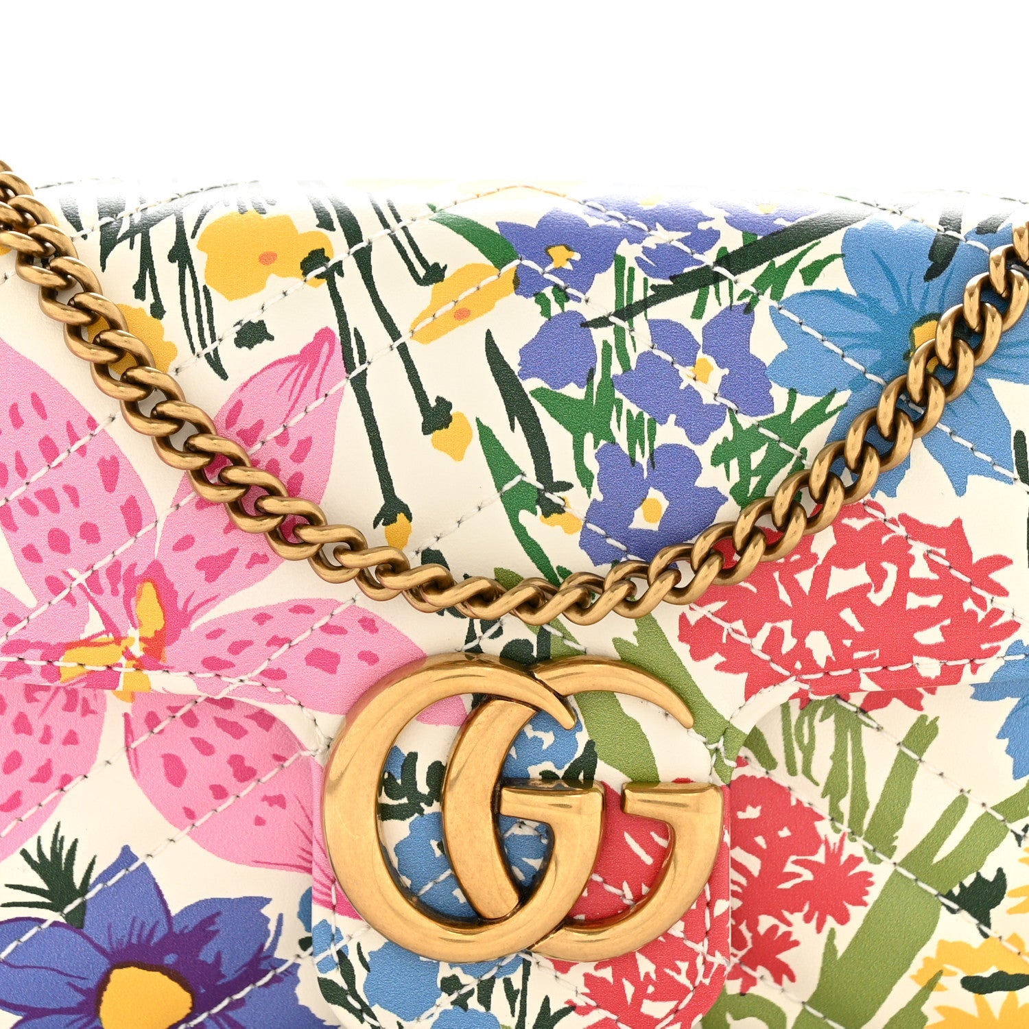 X KEN SCOTT Calfskin Matelasse Floral Print Super Mini GG Marmont Shoulder Bag Ivory Pink