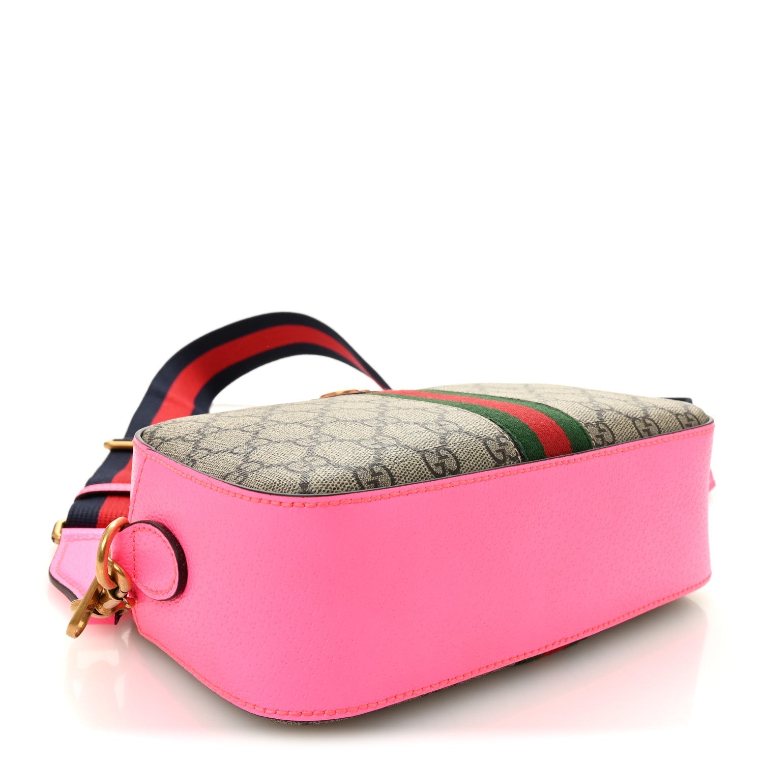GG Supreme Monogram Textured Dollar Calfskin Web Ophidia Small Crossbody Bag Beige Ebony Fuchsia