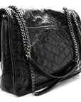 Crinkled Calfskin Matelasse Monogram Large Niki Chain Satchel Black