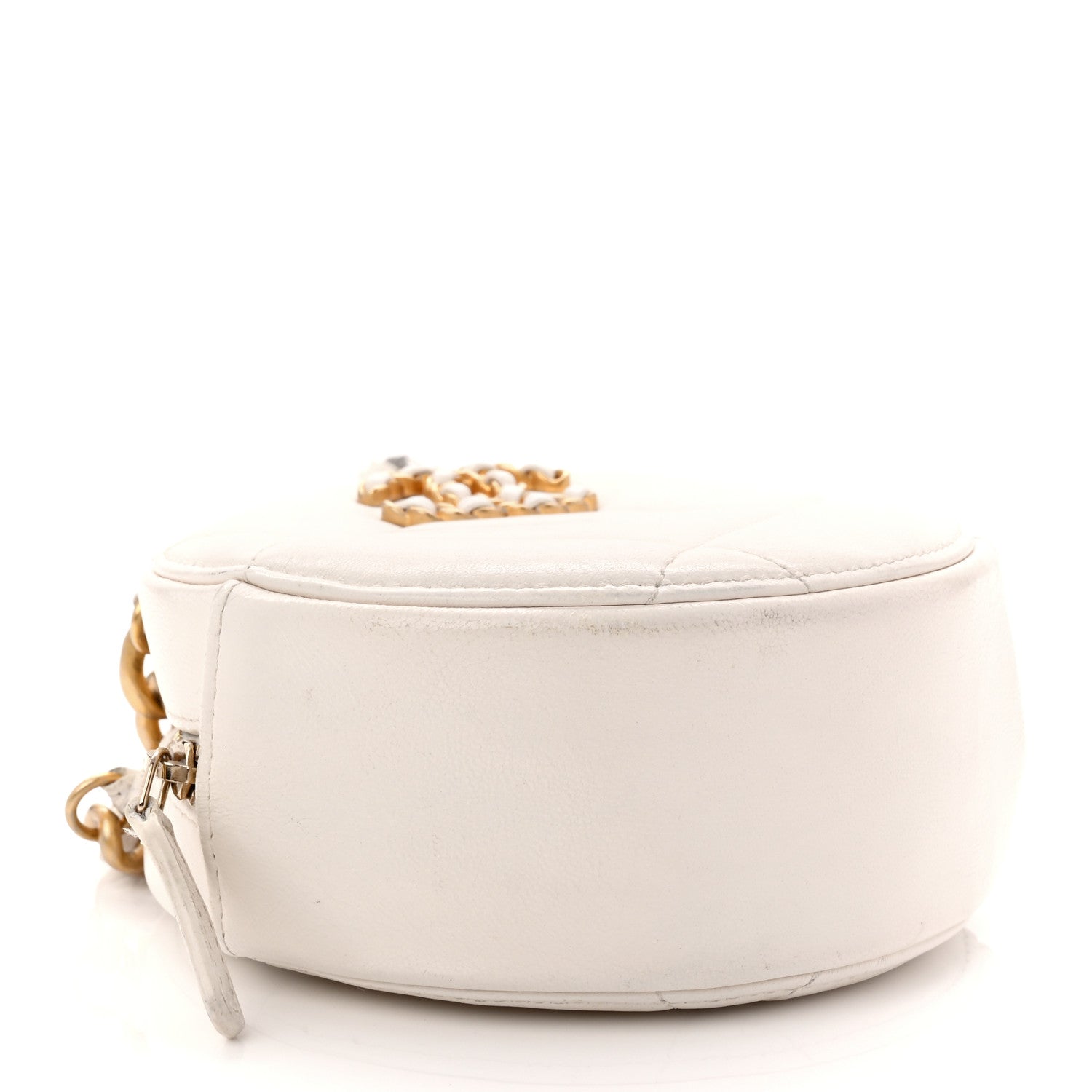 Shiny Goatskin Quilted CHNL 19 Round Clutch With Chain White