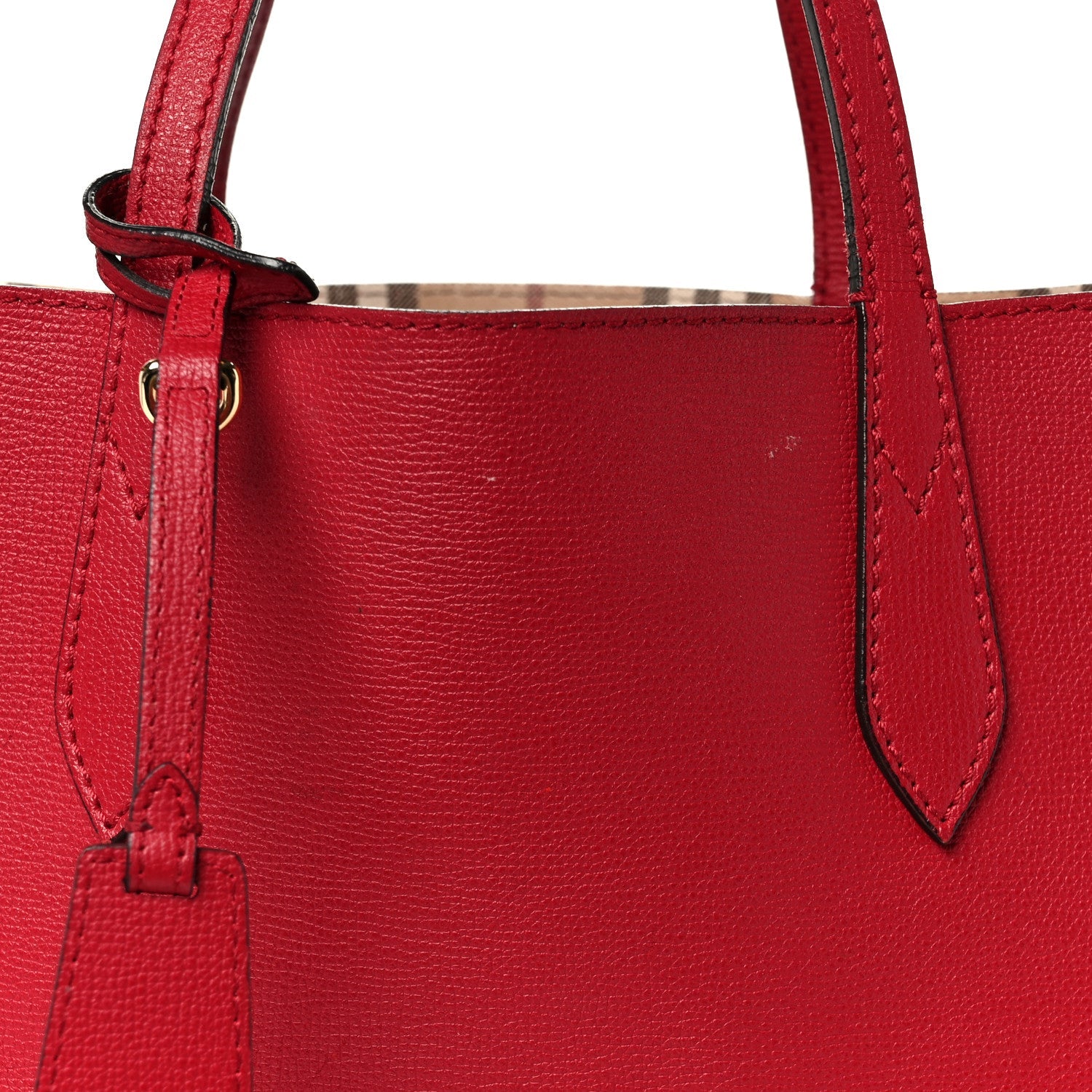 Grainy Calfskin Haymarket Check Medium Reversible Tote Red