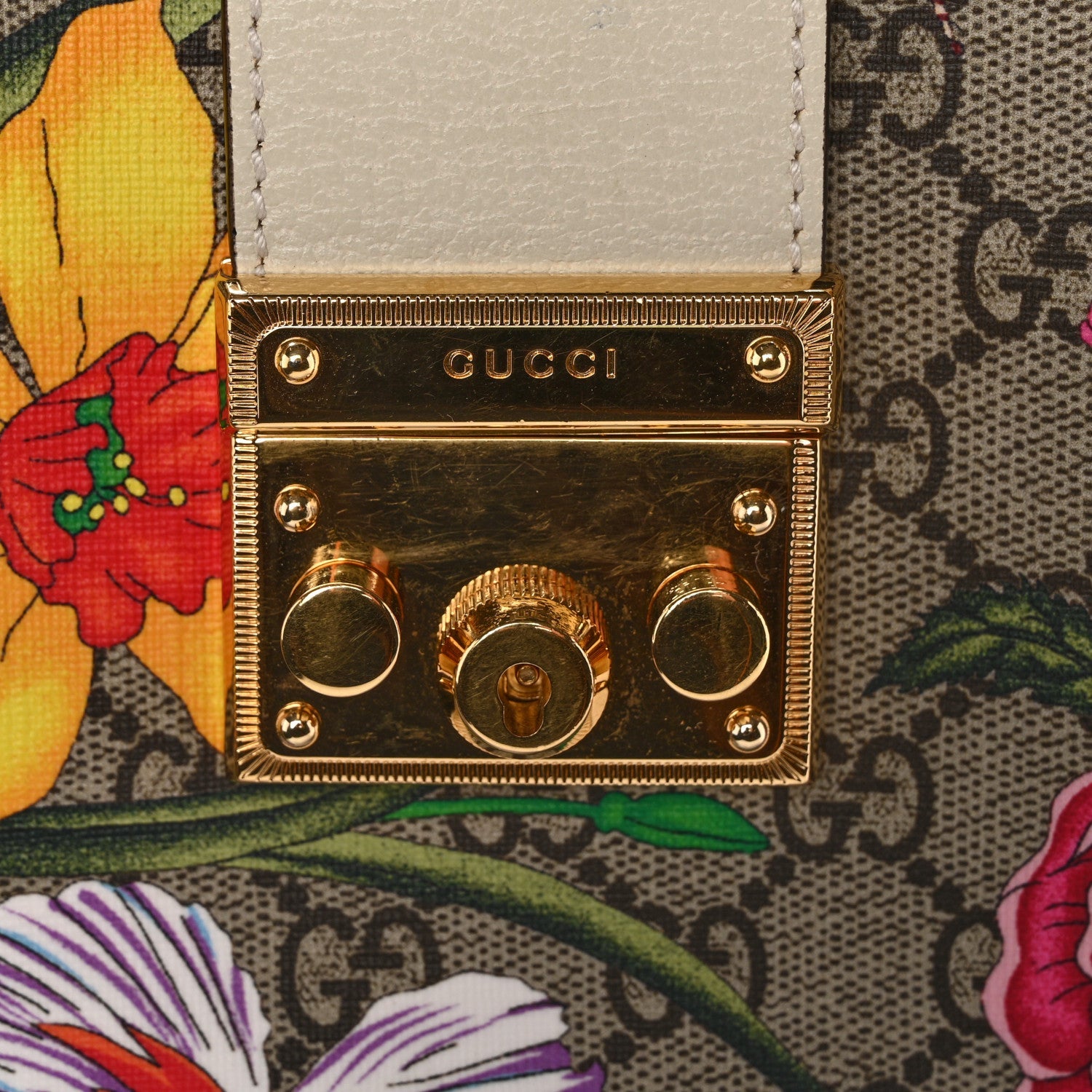 GG Supreme Monogram Flora Textured Calfskin Small Padlock Tote Beige Ebony Multicolor Mystic White