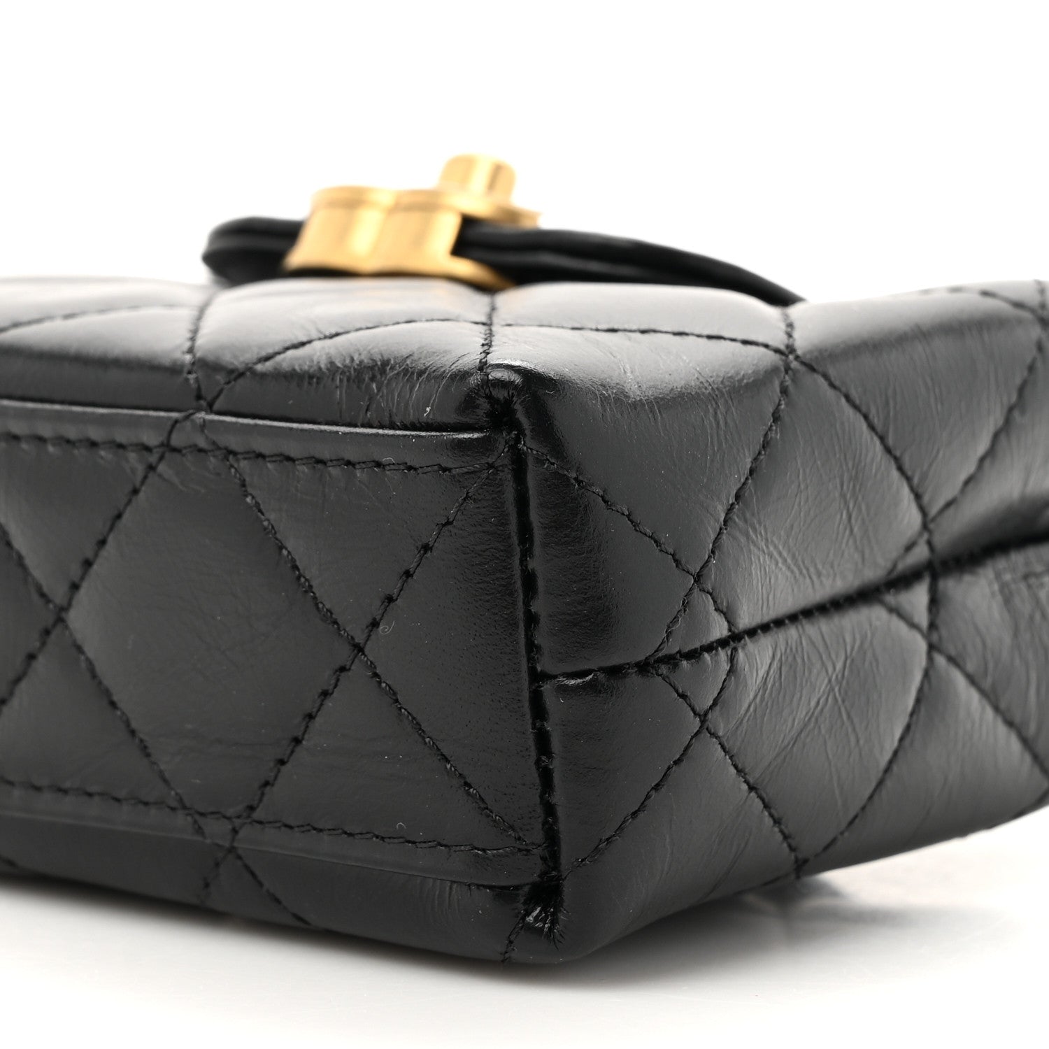 Shiny Aged Calfskin Quilted Mini Nano Kelly Shopper Black
