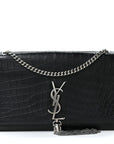 Calfskin Crocodile Embossed Medium Classic Monogram Kate Tassel Satchel Black