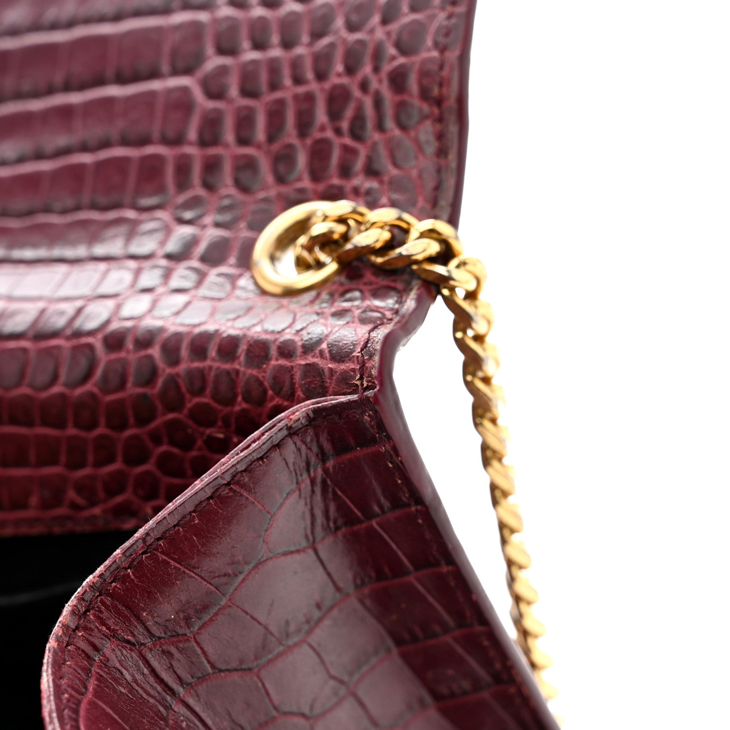 Calfskin Crocodile Embossed Medium Classic Monogram Kate Tassel Satchel Dark Red