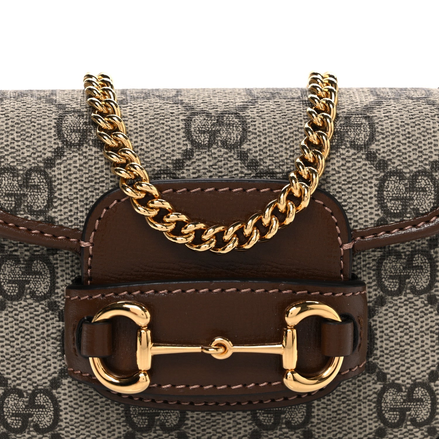 GG Supreme Monogram Azalea Calfskin Web Horsebit 1955 Wallet On Strap Beige Ebony Brown Sugar
