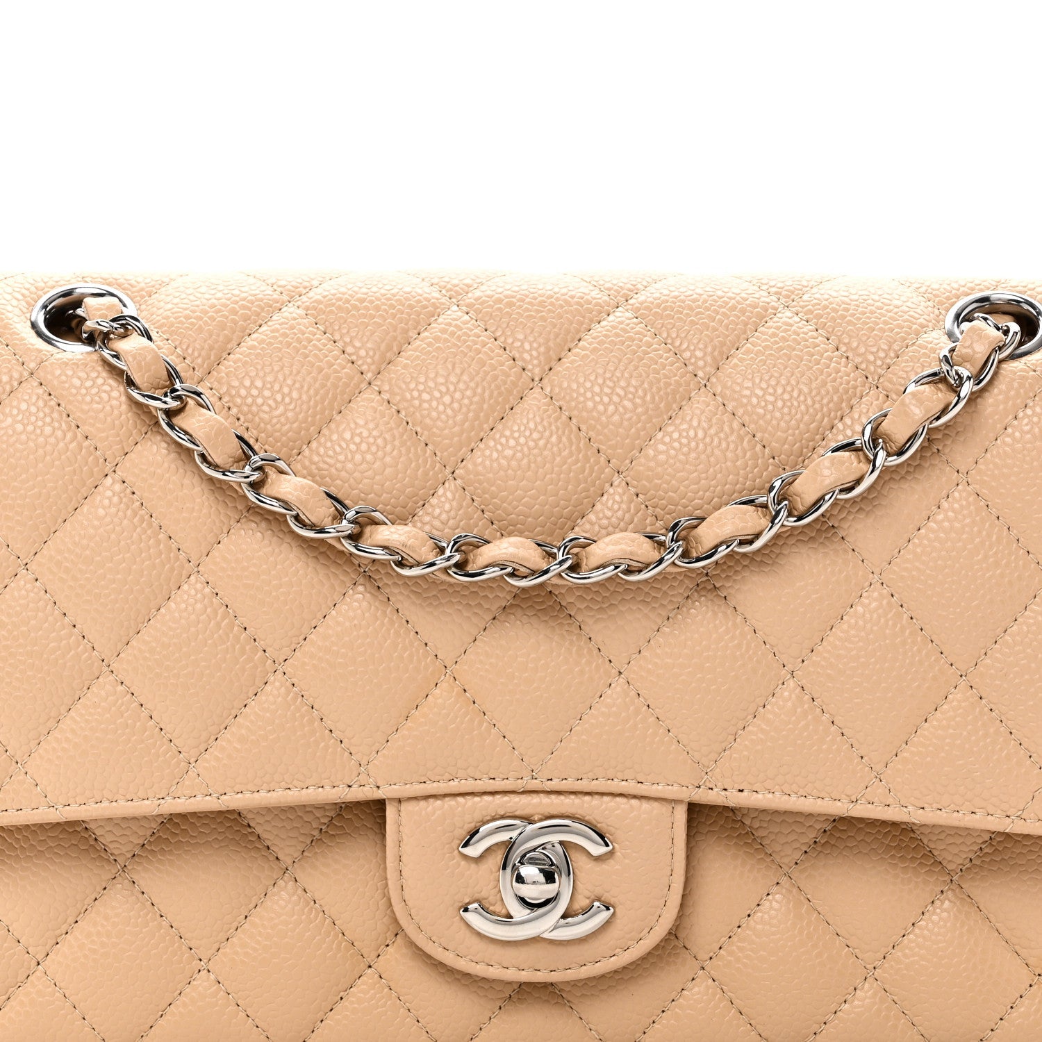 Caviar Quilted Medium Double Flap Beige