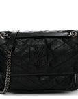Crinkled Calfskin Matelasse Monogram Medium Niki Chain Satchel Black