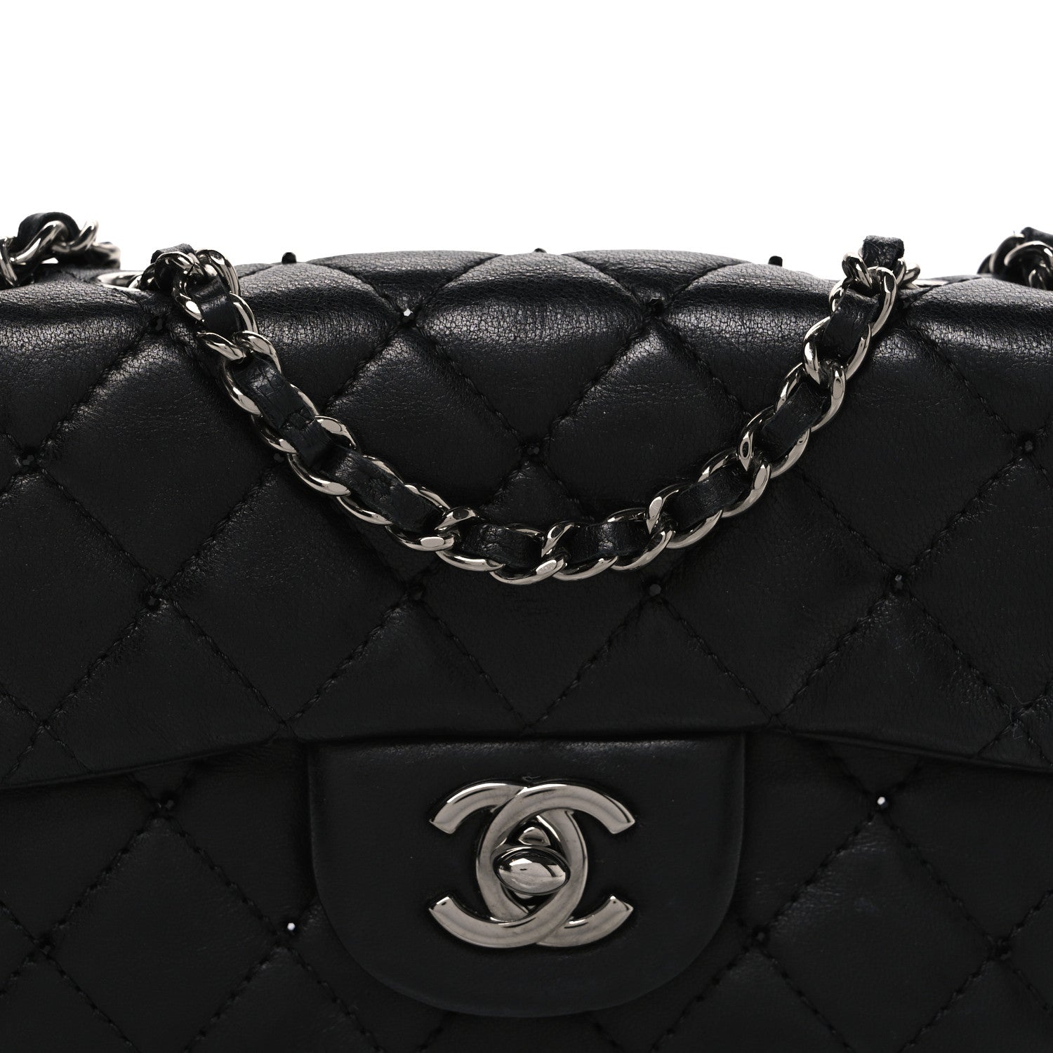 Lambskin Quilted Beaded Extra Mini Rectangular Flap Black