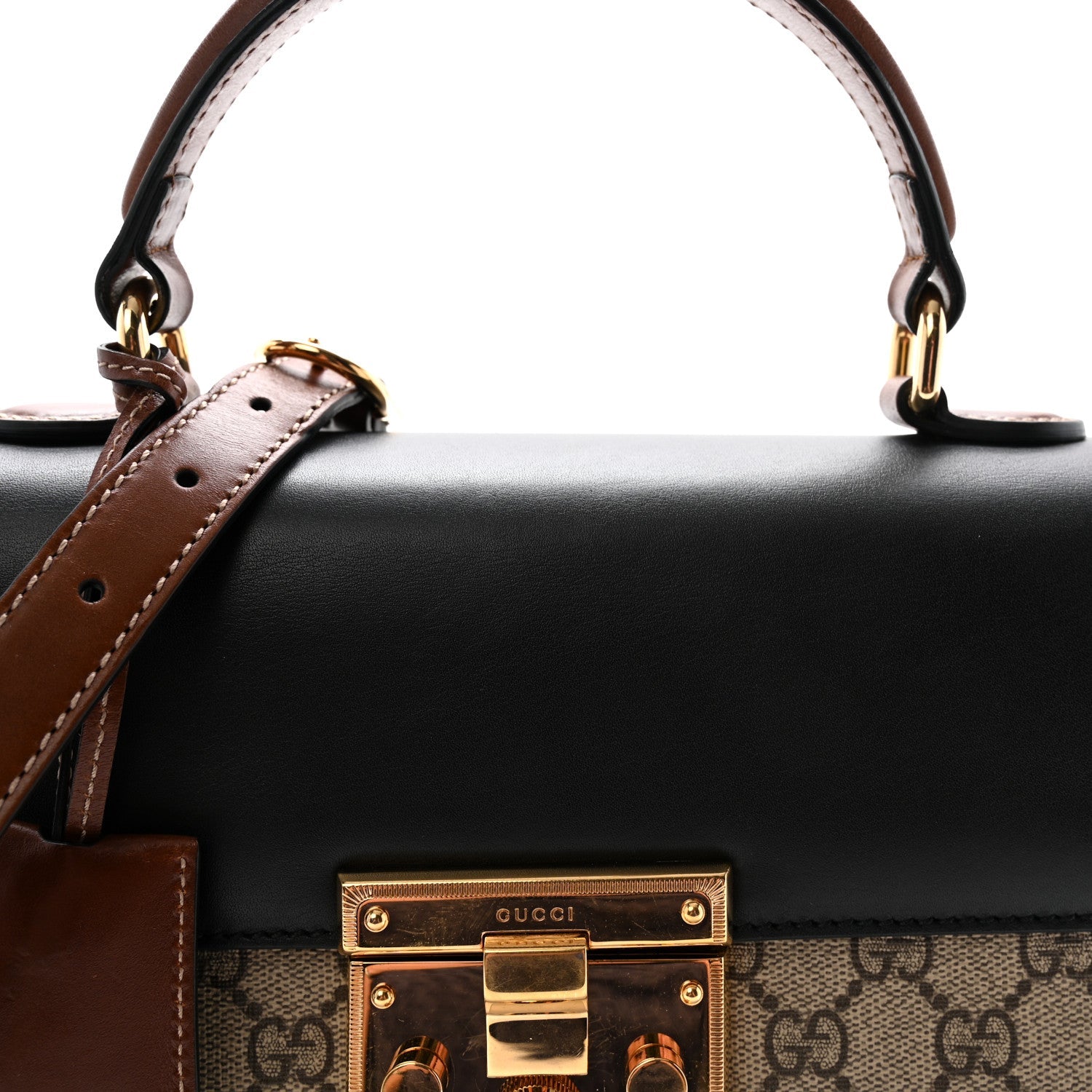 GG Supreme Monogram Calfskin Small Padlock Top Handle Bag Beige Black Cuir