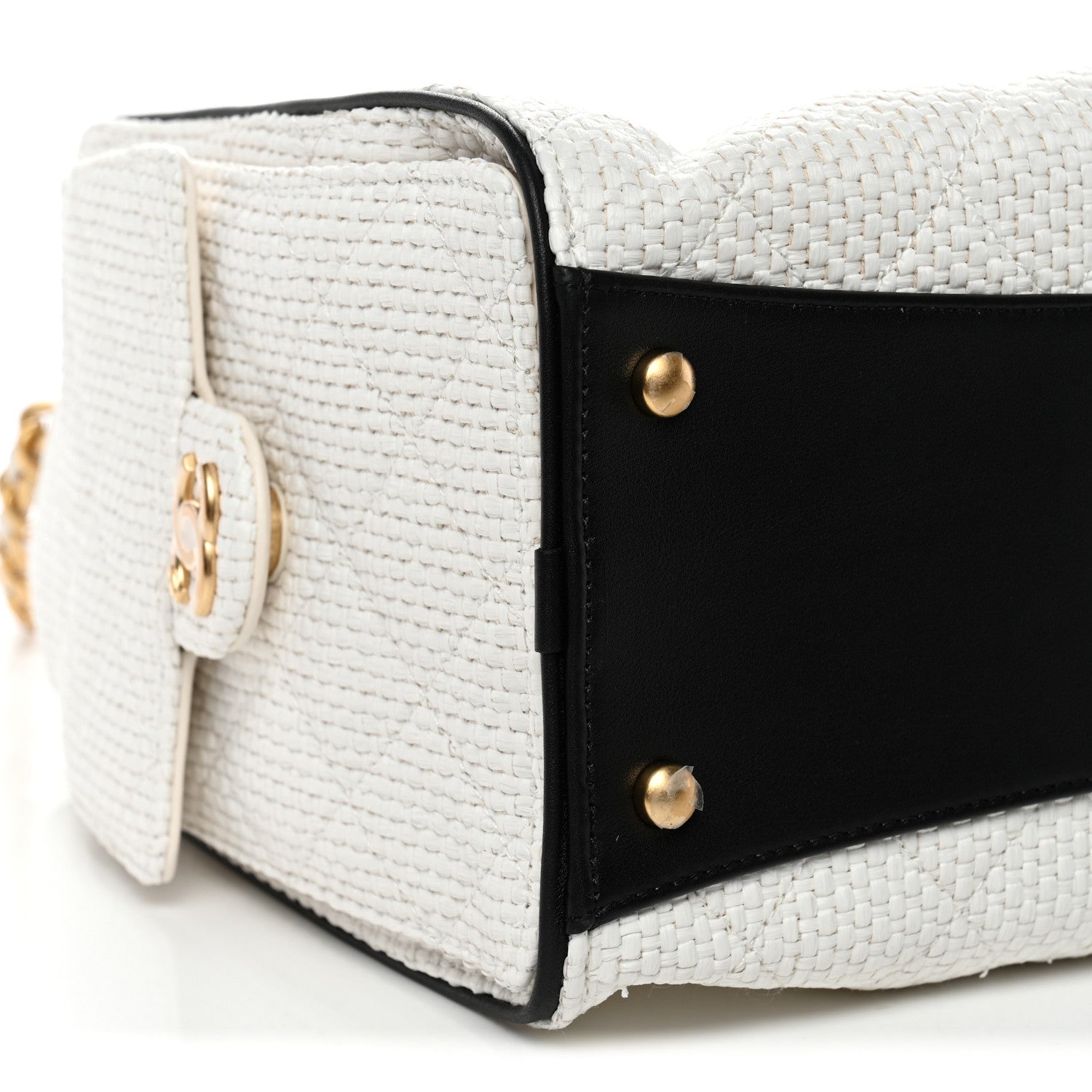 Braided Raffia Calfskin Quilted Small CHNL 25 Handbag White Black