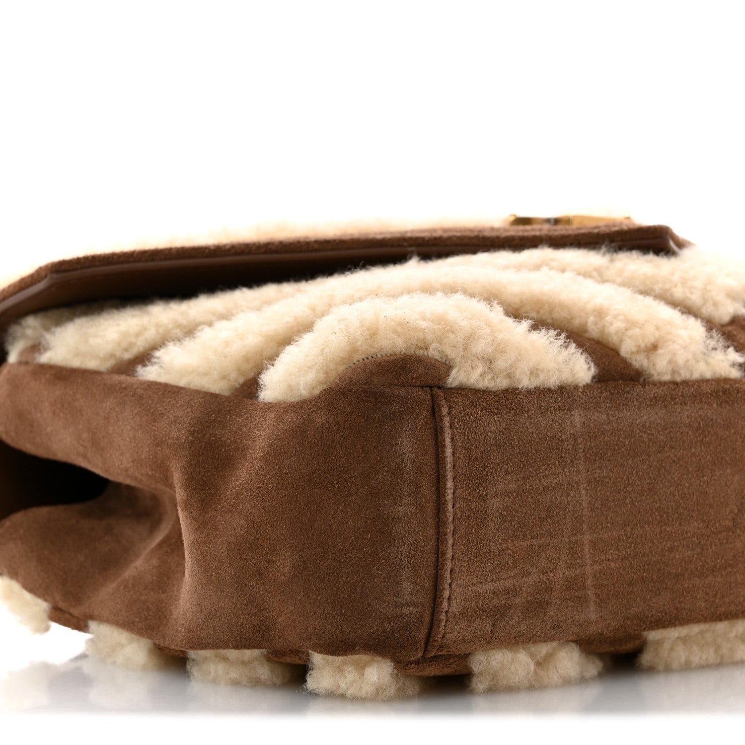 Nubuck Shearling Chevron Monogram Medium College Bag Dark Cigar Natural Beige