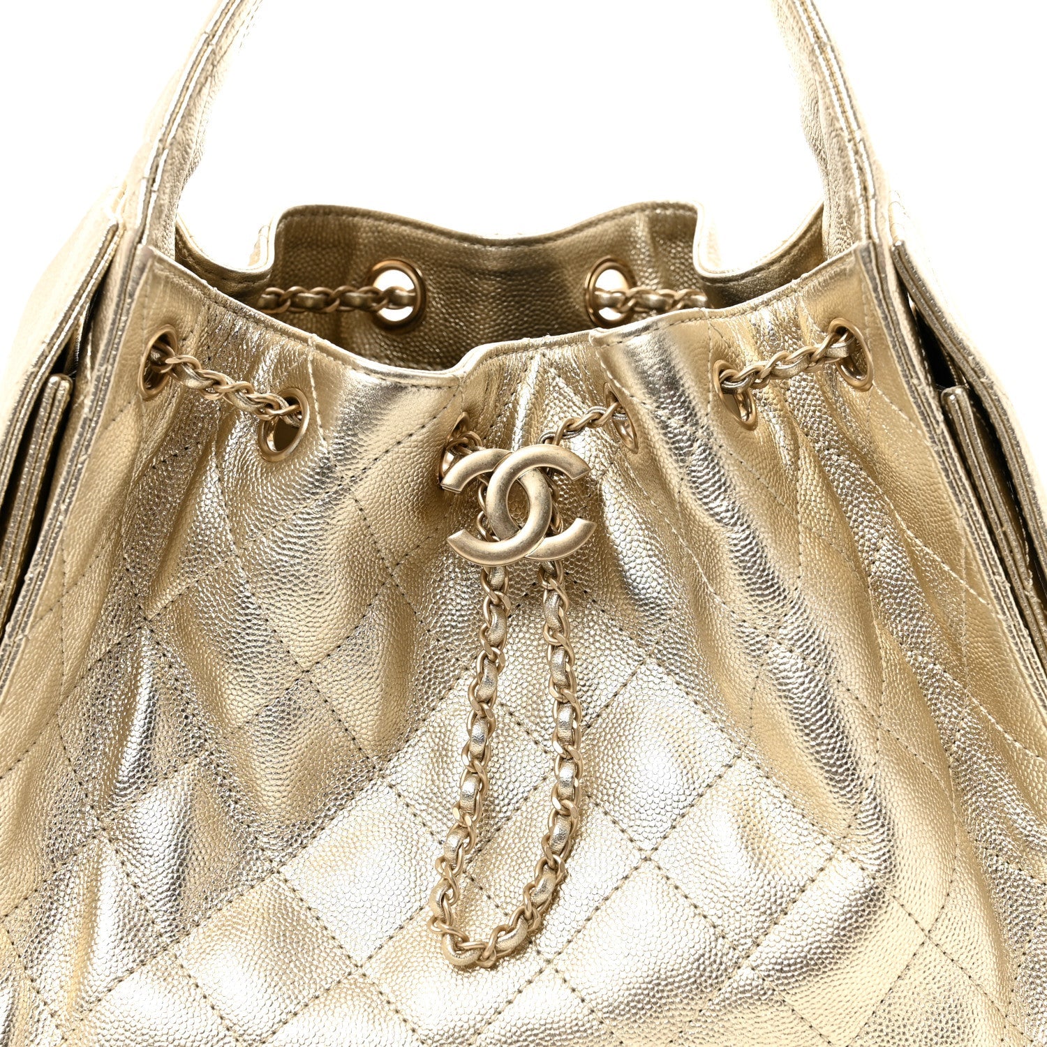 Metallic Caviar Quilted Small CHNL 25 Handbag Gold