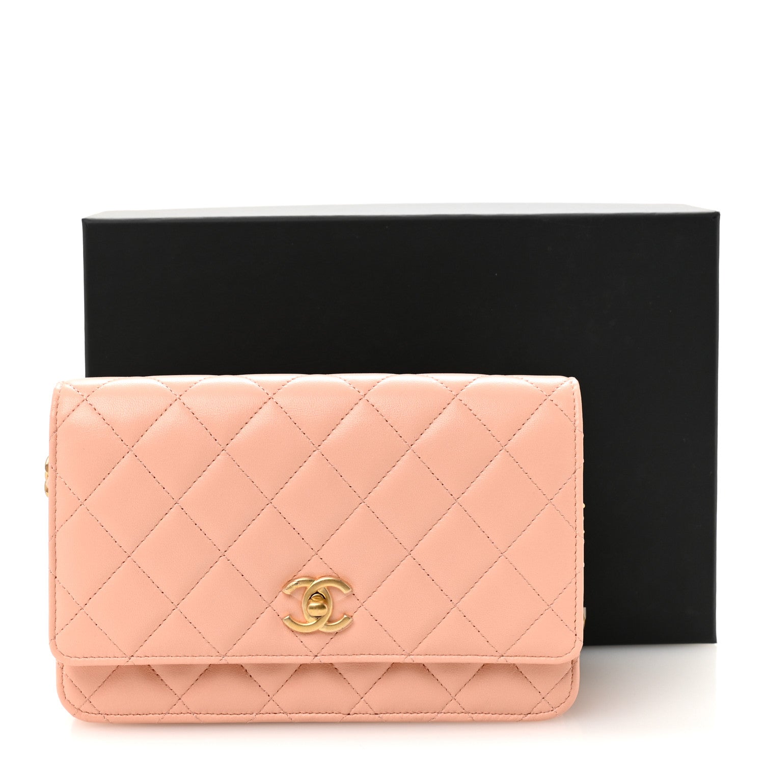 Lambskin Quilted CC Pearl Crush Wallet on Chain WOC Light Orange