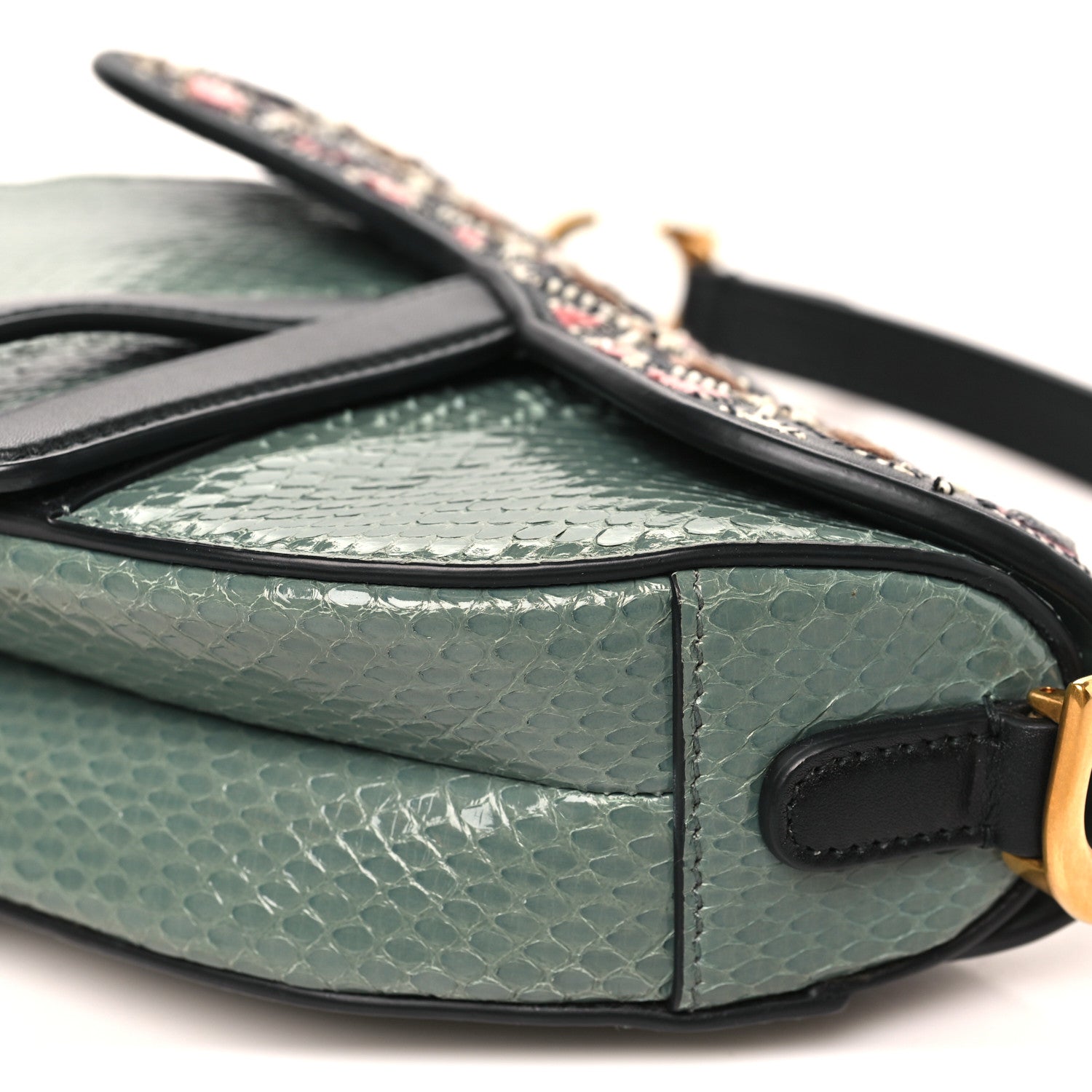 Beaded Calfskin Snakeskin Mini Saddle Bag Green
