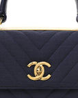 Jersey Chevron Quilted Small Trendy CC Dual Handle Flap Bag Navy Blue